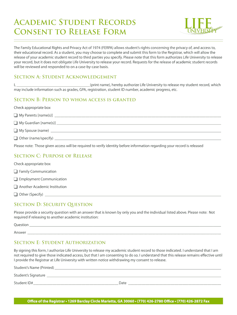 Academic Student Records Consent to Release Form - Life University - life Preview on Page 1