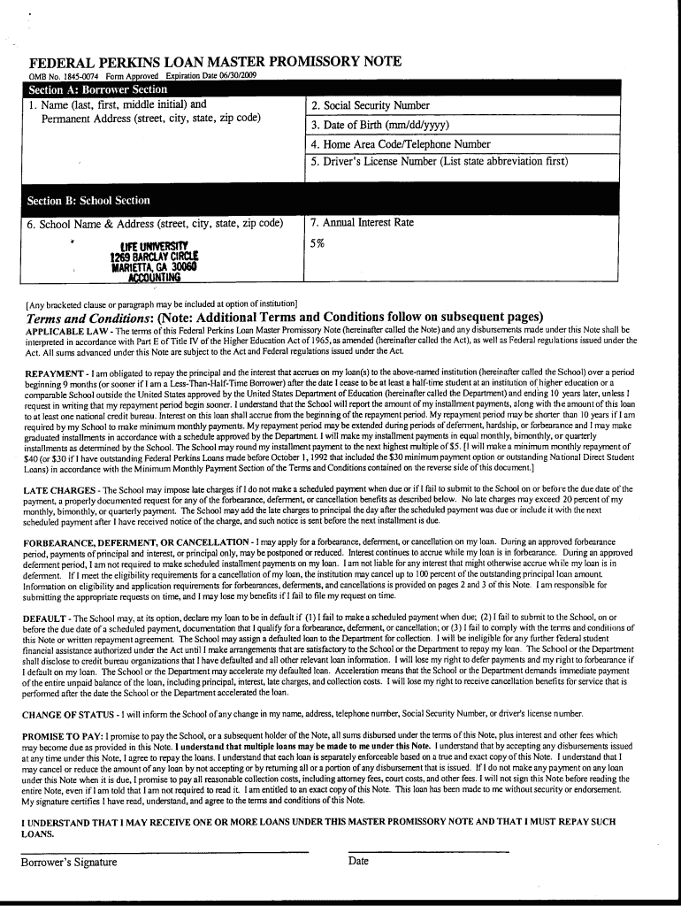 FEDERAL PERKINS LOAN MASTER PROMISSORY NOTE - life Preview on Page 1