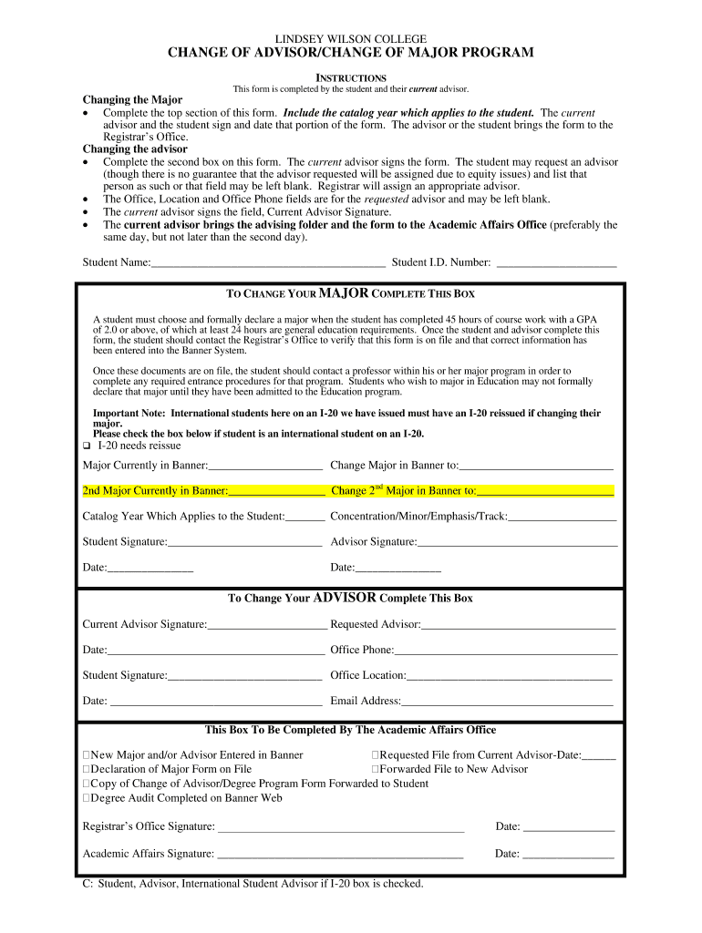 Change of Major Advisor - Lindsey Wilson College Preview on Page 1