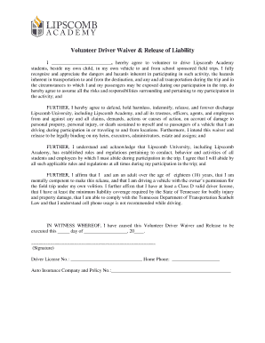 General release form template - Volunteer Driver Waiver & Release of Liability - lipscomb