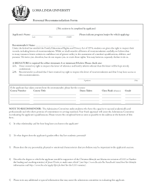 Personal Recommendation Form - llu