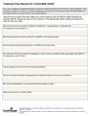 ADHD Child Treatment Plan Form
