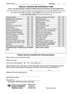 Medical Imaging MRI Screening Form