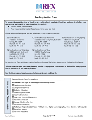 Rex Healthcare Pre-Registration Form