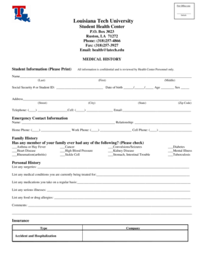 Louisiana Tech University Medical History Form