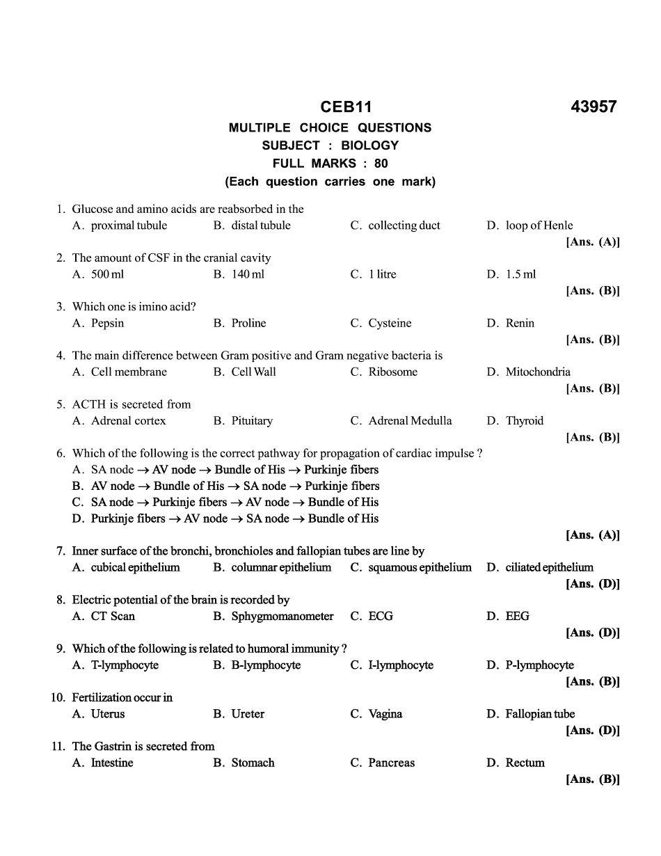 CEB11 Biology Multiple Choice Questions Form