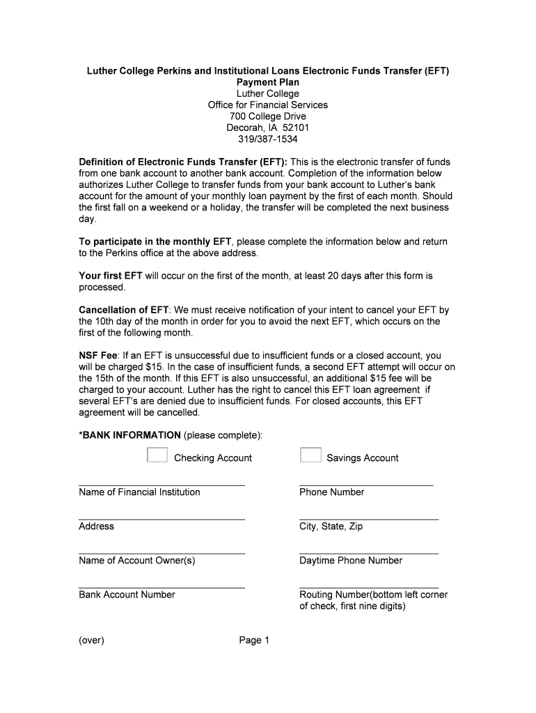 Fillable Online luther Perkins Loan Electronic Funds Transfer (EFT