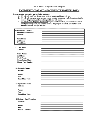 Adult Partial Hospitalization Program Emergency Contact Form