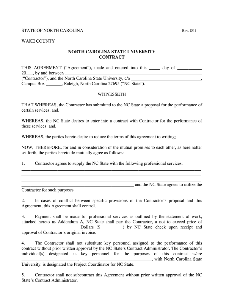 Fillable Online ncsu ( Agreement ), made and entered North Carolina