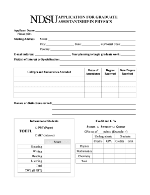 NDSU Physics Graduate Assistantship Application - ndsu