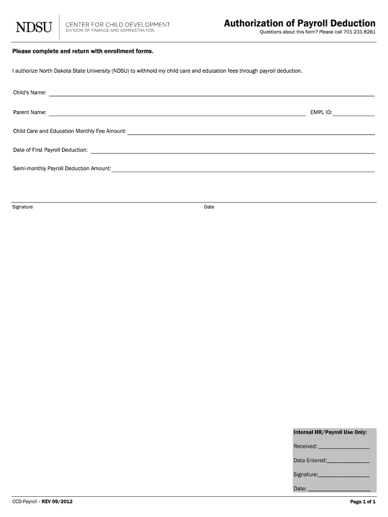 Fillable Online ndsu Authorization of Payroll Deduction North Dakota State University Fax
