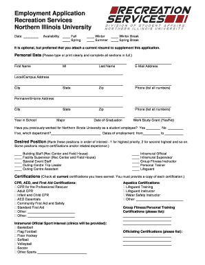 Employment Application Recreation Services Northern Illinois ... - niu