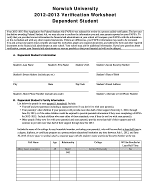 2012–2013 Verification Worksheet