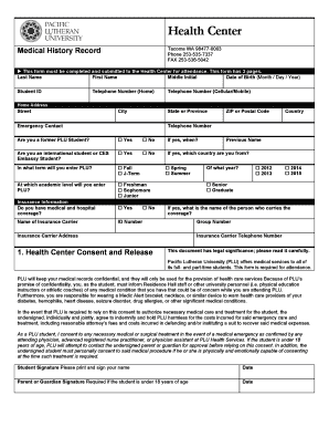 Pacific Lutheran University Medical History Form