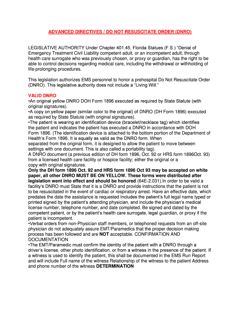 Fillable Online palmbeachstate ADVANCED DIRECTIVES / DO NOT RESUSCITATE ORDER (DNRO) Fax Email