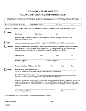 Pensacola State College Student Record Change Form
