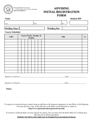 Plymouth State University Initial Registration Form