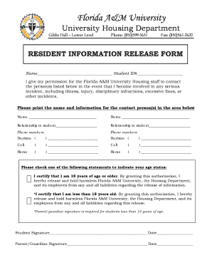 Florida A&M University Resident Information Release Form