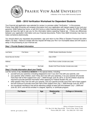 2009–2010 Verification Worksheet for Dependent Students