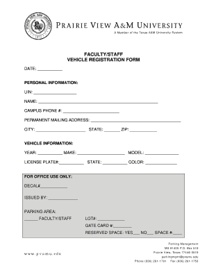 Vehicle Registration Form for FACULTY & STAFF - pvamu