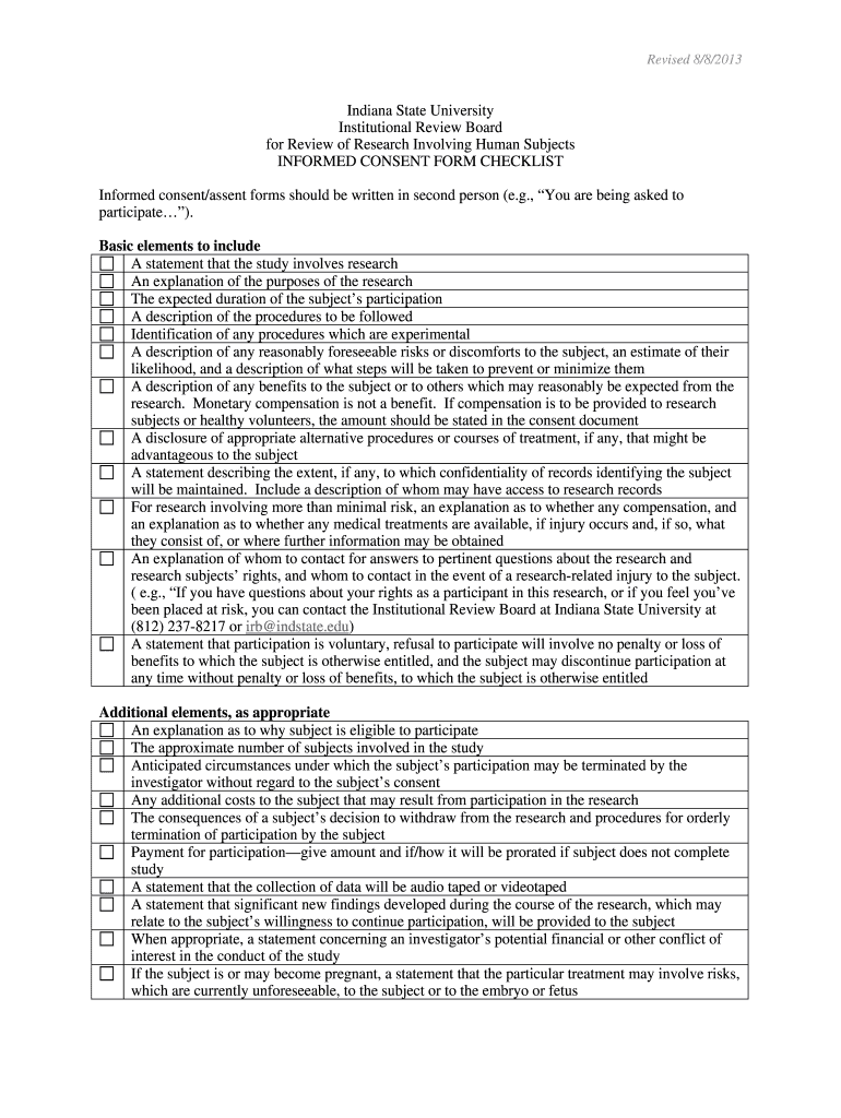Fillable Online indstate Informed Consent Checklist Indiana State