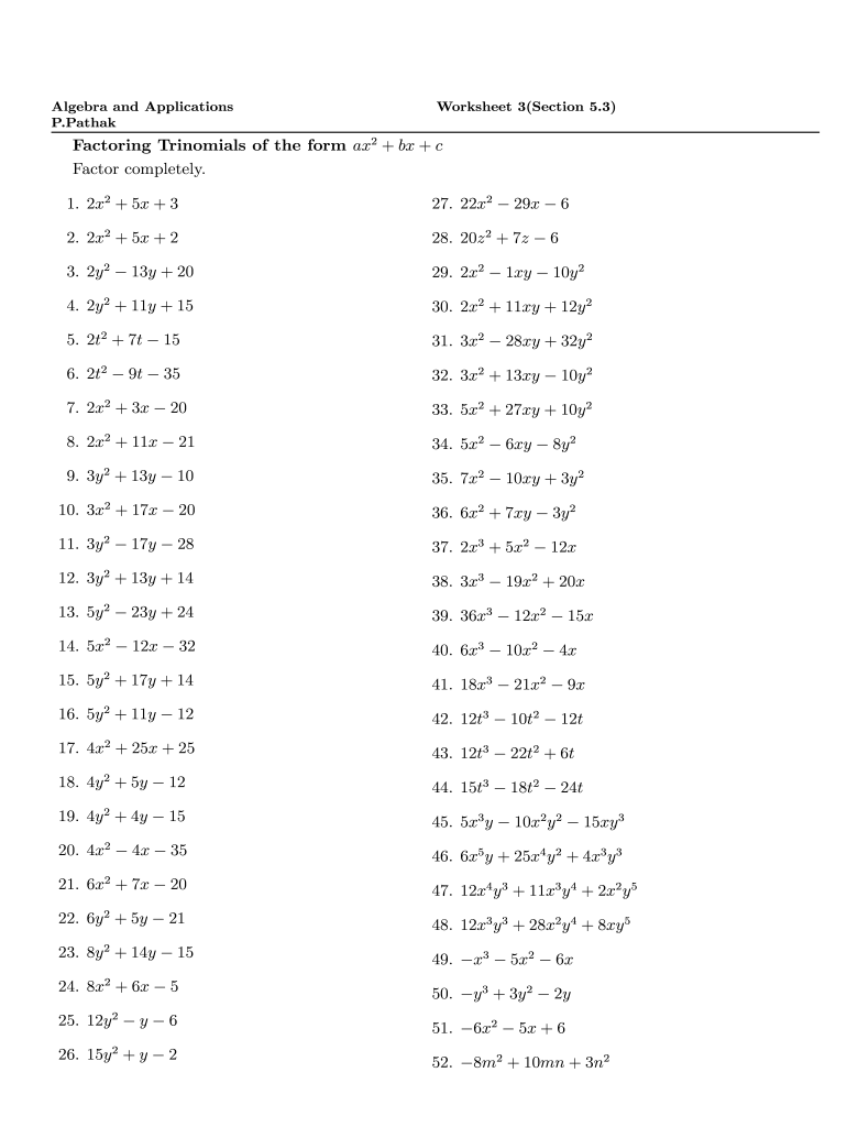 Factoring Ax2 Bx C Worksheet Answer Key - Fill Online, Printable, Fillable,  Blank | pdfFiller