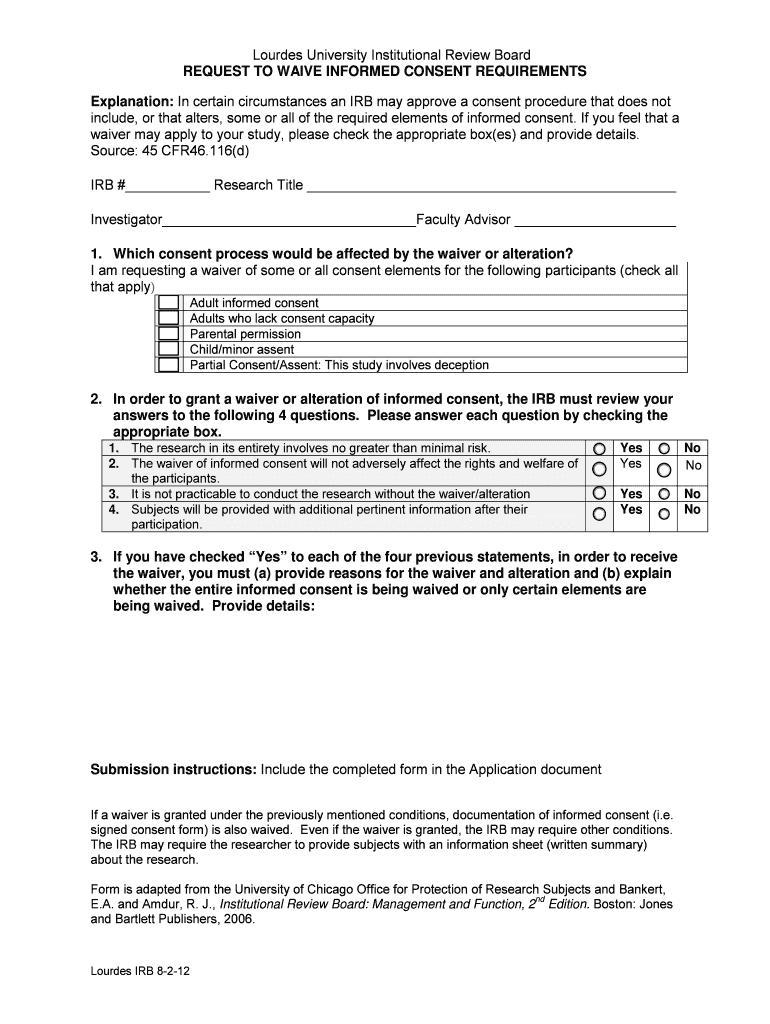 Fillable Online lourdes Lourdes University Institutional Review Board