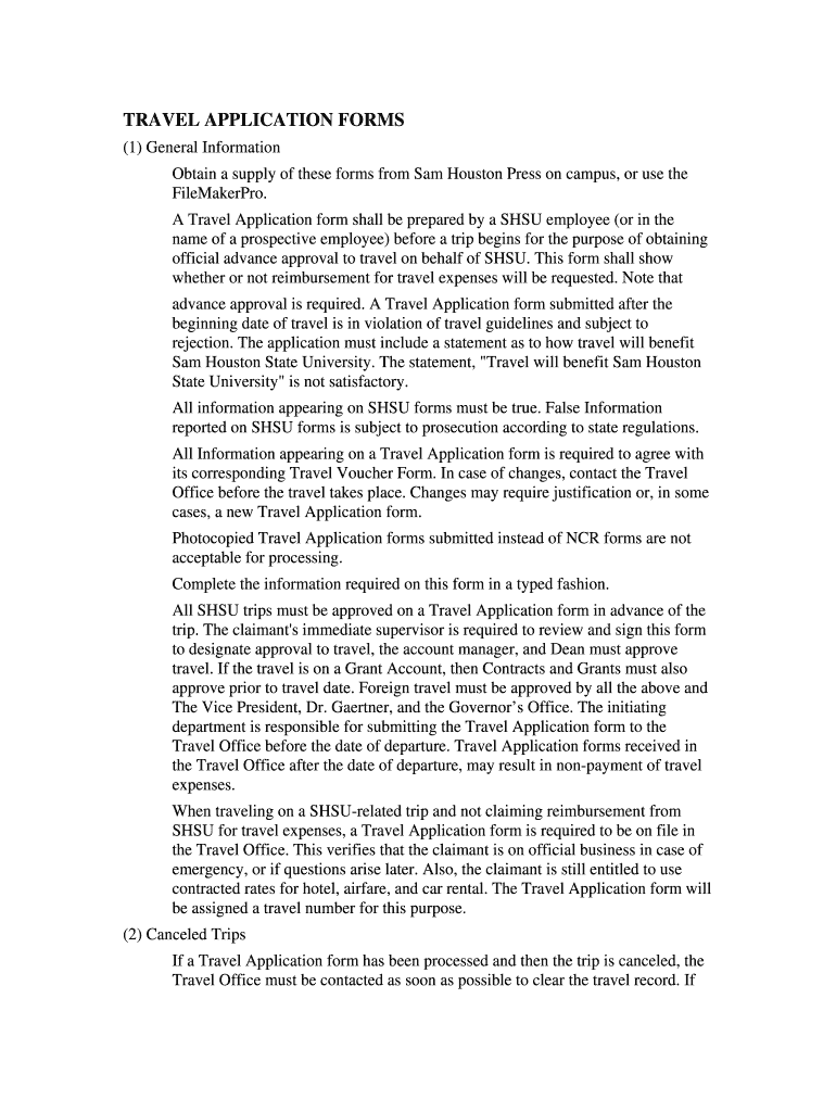 TRAVEL APPLICATION FORMS - Sam Houston State University - shsu Preview on Page 1