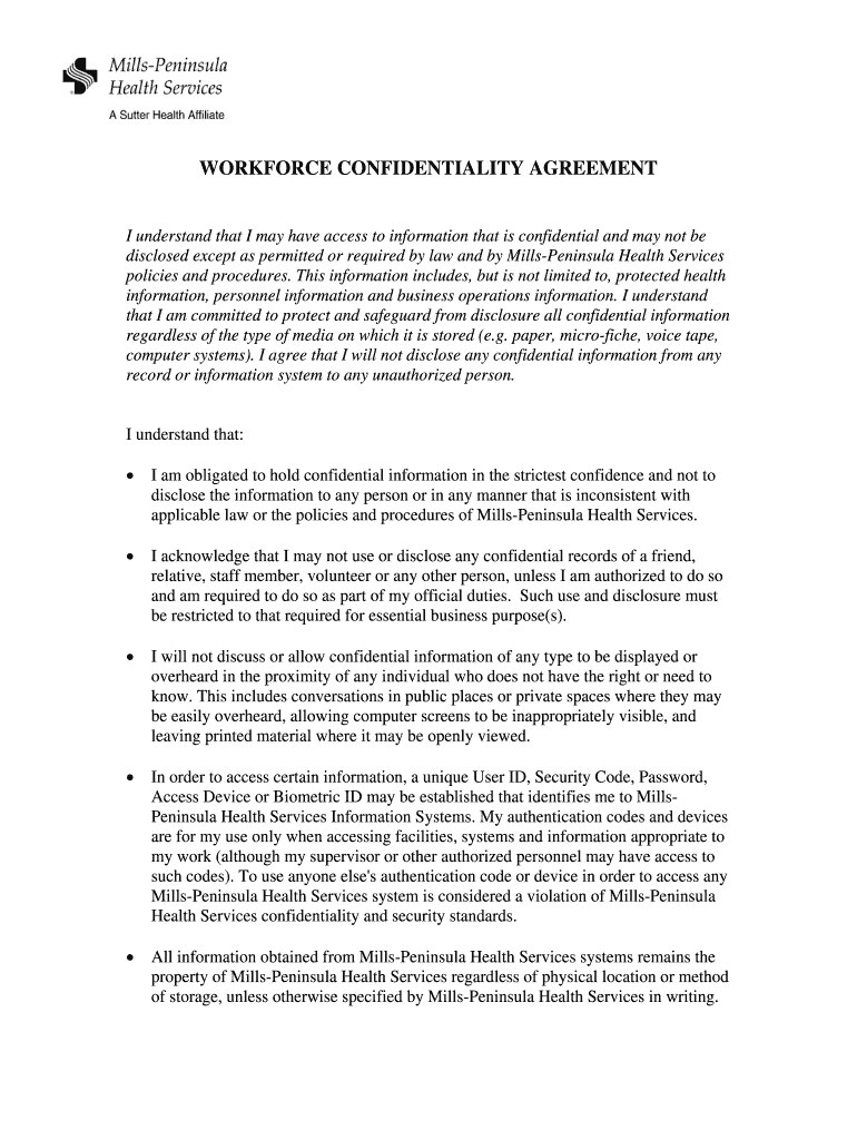 Workforce Confidentiality Agreement Form - Samuel Merritt University - samuelmerritt Preview on Page 1