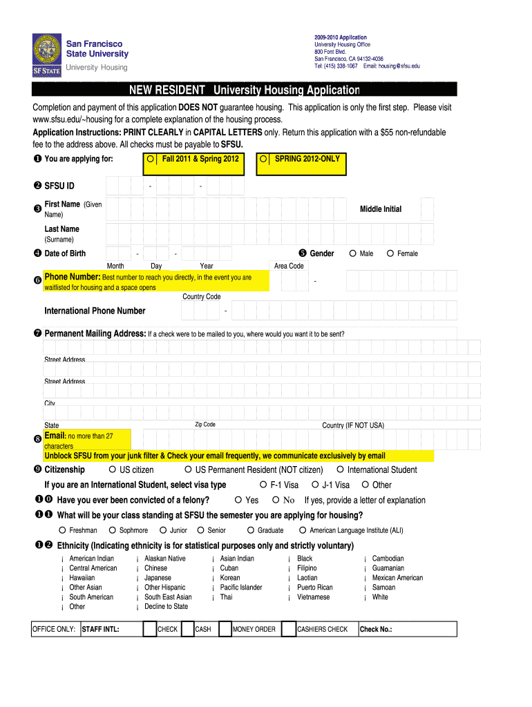 Fillable Online sfsu NEW RESIDENT University Housing Application San Francisco sfsu Fax