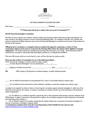 Letter of intent for college admission - Evidence of Vaccination against Bacterial Meningitis Form