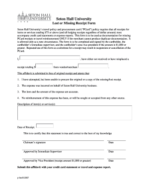 Application for departure report - Missing Receipt Form - Seton Hall University - shu