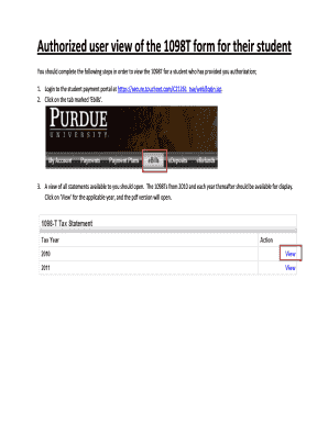 Authorized user view of the 1098T form for their student - purdue