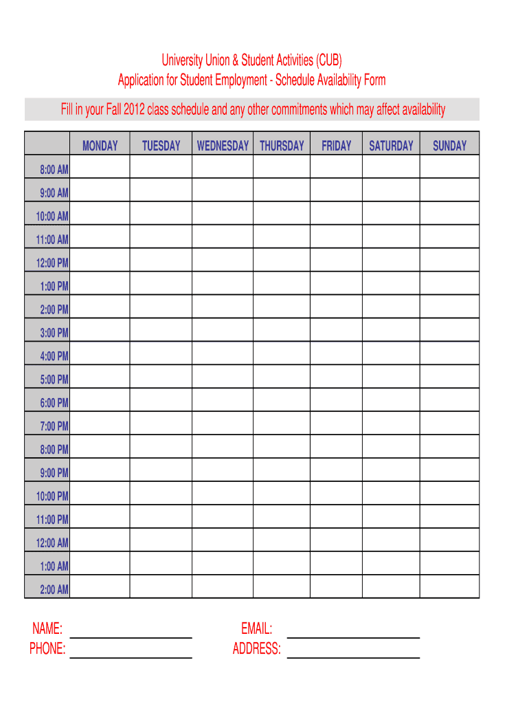 Availability Schedule Fill and Sign Printable Template Online US