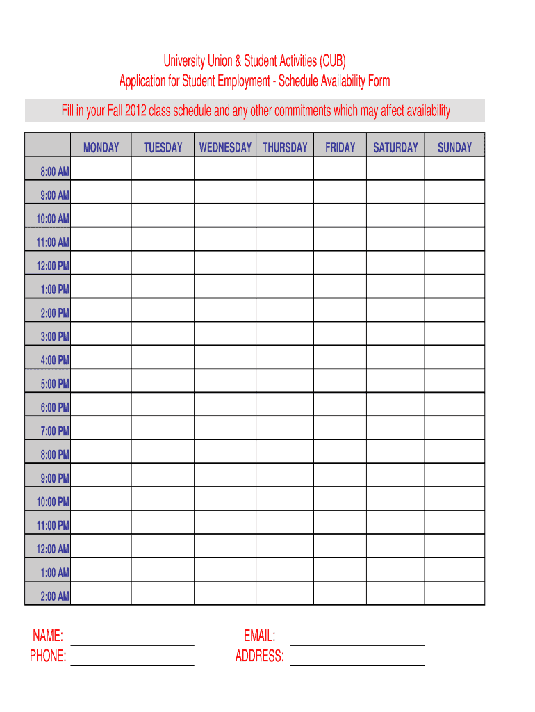 Availability Chart Fill Online Printable Fillable Blank PdfFiller