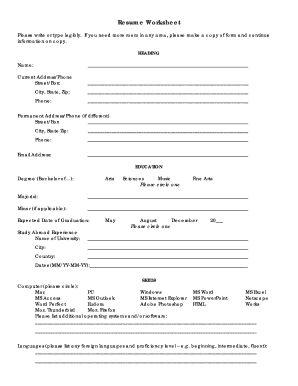 Resume Worksheet Template