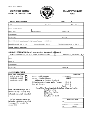Springfield College Transcript Request Form