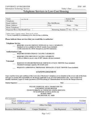 University of Rochester Telephone Service Form