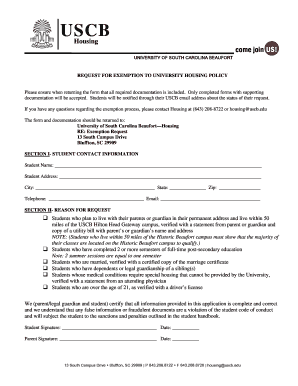 Housing Exemption Form - University of South Carolina Beaufort - uscb