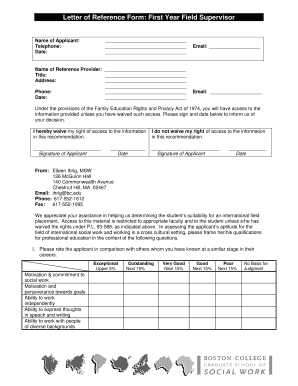 Letter of Reference Form: First Year Field Supervisor