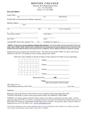 Boston College Summer 2012 Registration Form