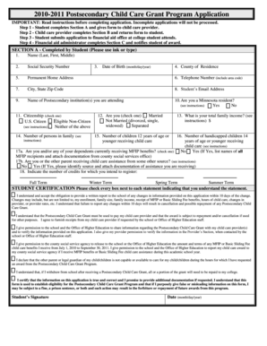 2010-2011 Postsecondary Child Care Grant Application