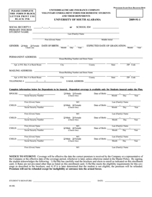 University of South Alabama Student Insurance Enrollment Form