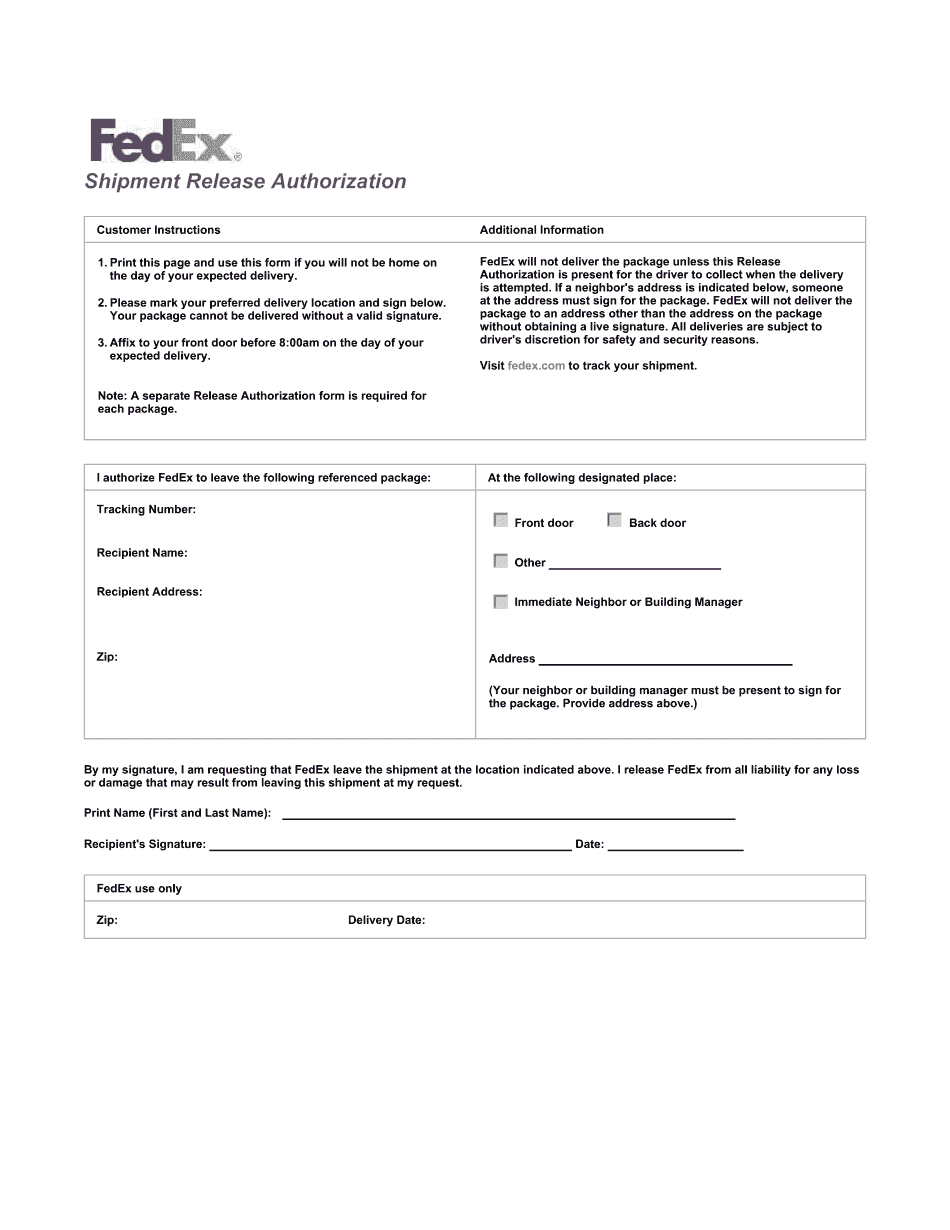 Fedex Shipment Release Authorization Form