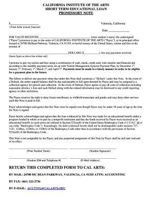 California Institute of the Arts Short Term Educational Loan Promissory Note