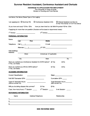 Fillable Online utexas Summer Resident Assistant, Conference Assistant