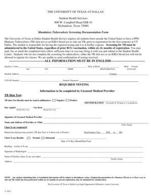 UT Dallas Tuberculosis Screening Form