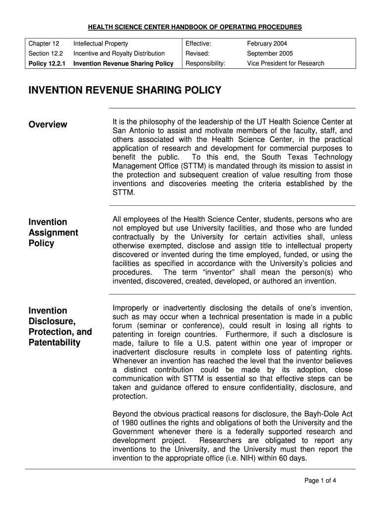 Invention revenue sharing policy - The University of Texas Health: Fill ...