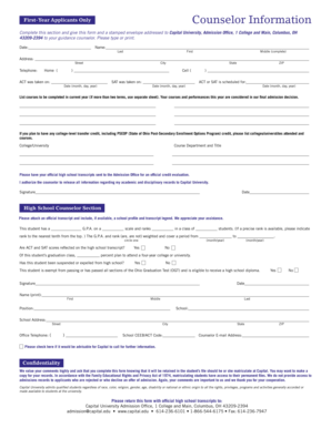 Capital University First-Year Applicant Counselor Form