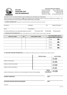 University of Wisconsin Oshkosh Childcare Cost Add-On Worksheet